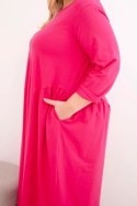Sukienka damska Plus Size bawełniana z długim rękawem i marszczeniem w talii fuksja
