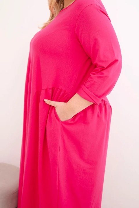 Sukienka damska Plus Size bawełniana z długim rękawem i marszczeniem w talii fuksja