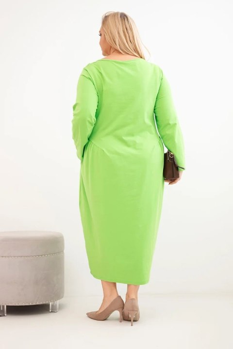 Sukienka damska Plus Size bawełniana z długim rękawem i marszczeniem w talii jasno zielona
