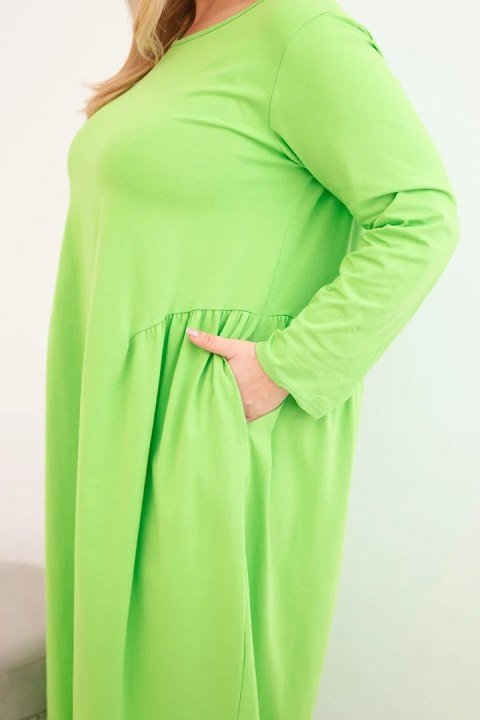 Sukienka damska Plus Size bawełniana z długim rękawem i marszczeniem w talii jasno zielona