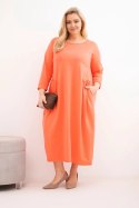 Sukienka damska Plus Size bawełniana z długim rękawem i marszczeniem w talii morelowa