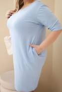 Sukienka damska Plus Size z bawełną o prostym kroju i rękawem 3/4 niebieska