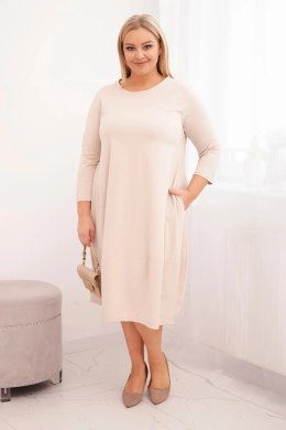 Sukienka damska bawełniana Plus Size z podwijanym rękawem i kieszeniami beżowa