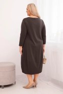 Sukienka damska bawełniana Plus Size z podwijanym rękawem i kieszeniami brązowa