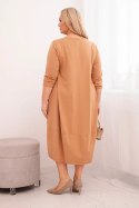 Sukienka damska bawełniana Plus Size z podwijanym rękawem i kieszeniami camelowa