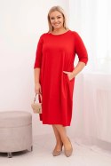 Sukienka damska bawełniana Plus Size z podwijanym rękawem i kieszeniami czerwona