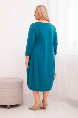 Sukienka damska bawełniana Plus Size z podwijanym rękawem i kieszeniami morska