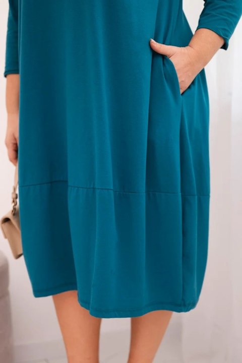 Sukienka damska bawełniana Plus Size z podwijanym rękawem i kieszeniami morska
