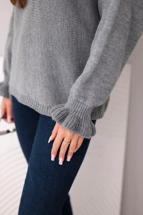 Sweter damska z moheru z marszczonymi rękawami i wycięciem na plecach ciemny szary