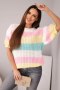 Sweter damski ażurowy w kolorowe pasy z krótkim rękawem ecru