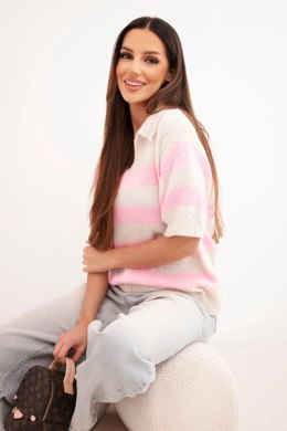 Sweter damski w paski z kołnierzem i krótkim rękawem beżowy