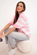 Sweter damski w paski z kołnierzem i krótkim rękawem jasno różowy