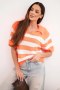Sweter damski w paski z kołnierzem i krótkim rękawem pomarańczowy
