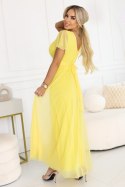 562-8 NASTIA Długa sukienka z dekoltem, wiązaniem i krótkim rękawkiem - cytrynowe limoncello