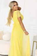 562-8 NASTIA Długa sukienka z dekoltem, wiązaniem i krótkim rękawkiem - cytrynowe limoncello