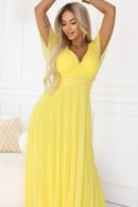 562-8 NASTIA Długa sukienka z dekoltem, wiązaniem i krótkim rękawkiem - cytrynowe limoncello
