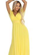 562-8 NASTIA Długa sukienka z dekoltem, wiązaniem i krótkim rękawkiem - cytrynowe limoncello