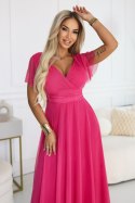 562-9 NASTIA Długa sukienka z dekoltem, wiązaniem i krótkim rękawkiem - malinowy sorbet