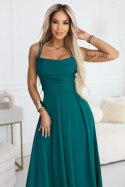 589-6 Sukienka maxi na ramiączkach z gorsetowym wiązaniem na plecach i rozcięciem - zieleń butelkowa