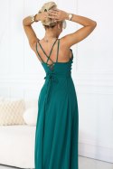 589-6 Sukienka maxi na ramiączkach z gorsetowym wiązaniem na plecach i rozcięciem - zieleń butelkowa