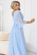 654-3 Długa połyskująca sukienka plus size z dekoltem i transparentnym rękawkiem - błękitna