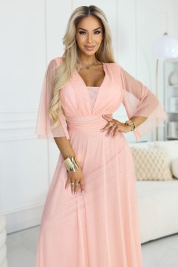 654-4 Długa połyskująca sukienka plus size z dekoltem i transparentnym rękawkiem - brzoskwiniowa