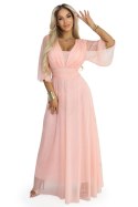 654-4 Długa połyskująca sukienka plus size z dekoltem i transparentnym rękawkiem - brzoskwiniowa