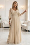 655-4 Długa połyskująca w świetle suknia z dekoltem i transparentnym rękawkiem - szampański beż
