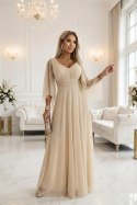 655-4 Długa połyskująca w świetle suknia z dekoltem i transparentnym rękawkiem - szampański beż