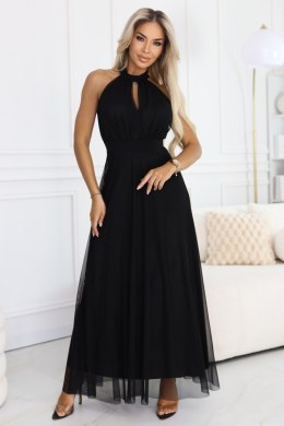 662-2 Elegancka sukienka wieczorowa maxi halter z tiulem i wiązaniem w talii - czarna