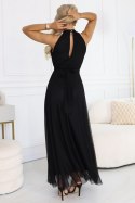 662-2 Elegancka sukienka wieczorowa maxi halter z tiulem i wiązaniem w talii - czarna