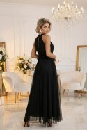 662-2 Elegancka sukienka wieczorowa maxi halter z tiulem i wiązaniem w talii - czarna