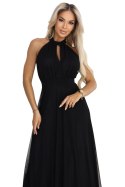 662-2 Elegancka sukienka wieczorowa maxi halter z tiulem i wiązaniem w talii - czarna
