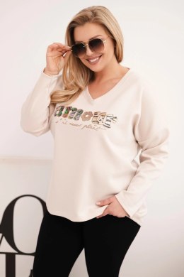 Bluza damska Plus Size z napisem i dekoltem V beżowa
