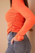 Bluzka damska prążkowana z marszczeniem z boku ciemno pomarańczowa