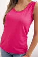 Bluzka damska z wiskozy z falbanką przy dekolcie fuksja