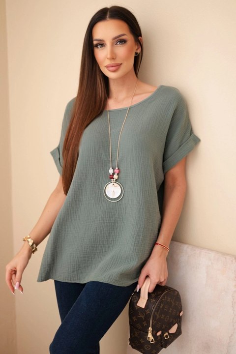 Bluzka muślinowa z naszyjnikiem ciemne khaki