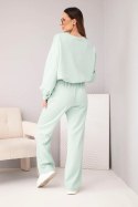 Komplet damski masełko bluza z broszką i spodnie z prostą nogawką ciemny miętowy