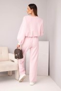 Komplet damski masełko bluza z broszką i spodnie z prostą nogawką ciemny pudrowy róż