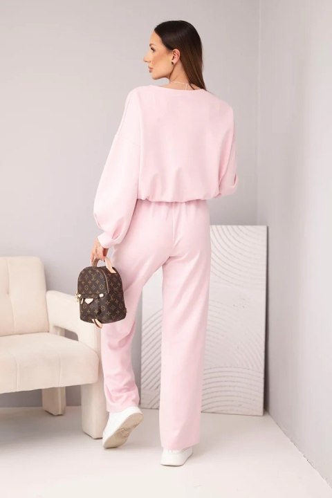 Komplet damski masełko bluza z broszką i spodnie z prostą nogawką ciemny pudrowy róż