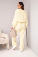 Komplet damski masełko bluza z broszką i spodnie z prostą nogawką cytrynowy