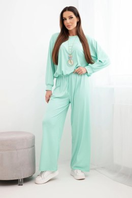 Komplet damski wiskozowy bluza z wisiorkiem i szerokie spodnie miętowy