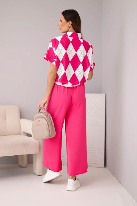 Komplet damski wiskozowy koszula z wiązaniem i spodnie z gumką fuksja