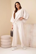 Komplet damski wiskozowy masełko z szeroką nogawką i luźną bluzą beżowy