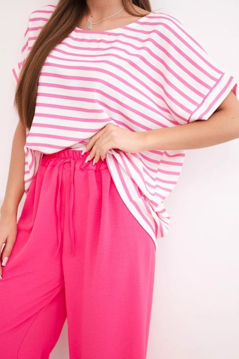Komplet damski wiskozowy z bluzką w paski i szerokiemi spodniami z gumką fuksja