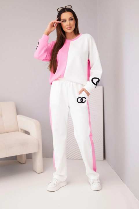 Komplet dresowy damski Masełko dwukolorowy z bluzą oversize i prostymi spodniami jasny różowy+biały