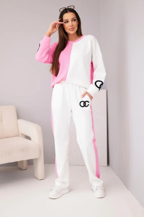Komplet dresowy damski Masełko dwukolorowy z bluzą oversize i prostymi spodniami jasny różowy+biały