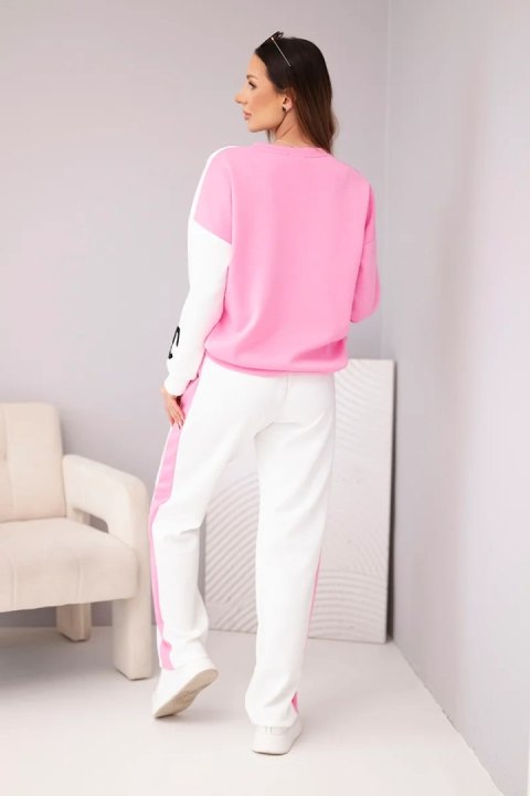 Komplet dresowy damski Masełko dwukolorowy z bluzą oversize i prostymi spodniami jasny różowy+biały
