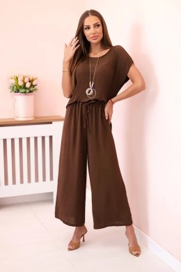 Komplet z wiskozy bluzka plisowana + spodnie brązowy