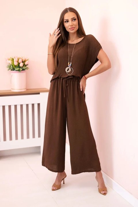 Komplet z wiskozy bluzka plisowana + spodnie brązowy